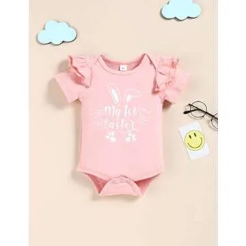 Menglang My 1st Easter Outfit Newborn Baby Girl Bunny Letters Romper Ruffle Floral Shorts Set