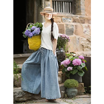 UQJE Women's Wide Leg Baggy Jeans Plus Size Loose Elastic Waist Denim Pants with Deep Pockets Light Blue