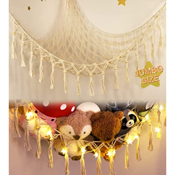 Stuffed Animal Toy Storage Hammock with LED Light-Macrame Jumbo Doll Room Corner Organizer Mesh Deco...