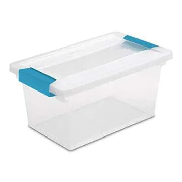 Sterilite Medium Clip Box, Stackable Small Storage Bin with Latching Lid, Plastic Container to Organize Office, Crafts, Clear Base and Lid, 4-Pack