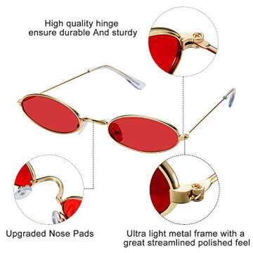 3 Pieces Vintage Oval Sunglasses Retro Slender Metal Frame Oval glasses Small Vintage Sunglasses Candy Colors for Men Woman (Grey Lens, Red Lens, Yellow Lens)