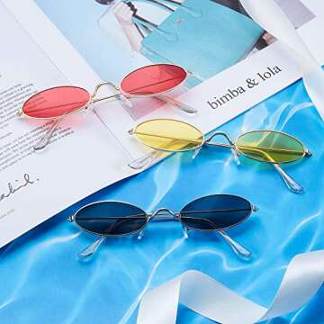 3 Pieces Vintage Oval Sunglasses Retro Slender Metal Frame Oval glasses Small Vintage Sunglasses Candy Colors for Men Woman (Grey Lens, Red Lens, Yellow Lens)