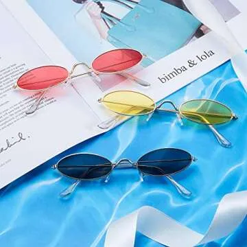 3 Pieces Vintage Oval Sunglasses Retro Slender Metal Frame Oval glasses Small Vintage Sunglasses Candy Colors for Men Woman (Grey Lens, Red Lens, Yellow Lens)