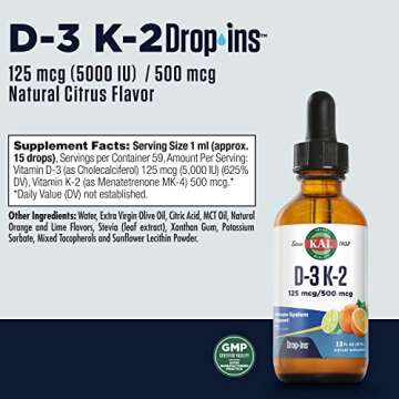 KAL D3 K2 DropIns 125 mcg / 500 mcg Liquid Vitamin D3 K2 Drops, Bone Health, Heart Health and Immune...