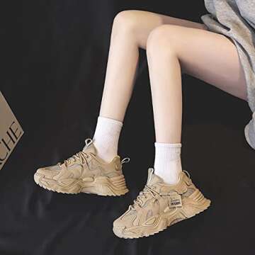 VAXAV Women's Fashion Breathable Mesh Platform Sneakers Casual Jogging Walking Shoes Size 8 Khaki