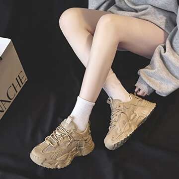 VAXAV Women's Fashion Breathable Mesh Platform Sneakers Casual Jogging Walking Shoes Size 8 Khaki