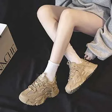 VAXAV Women's Fashion Breathable Mesh Platform Sneakers Casual Jogging Walking Shoes Size 8 Khaki