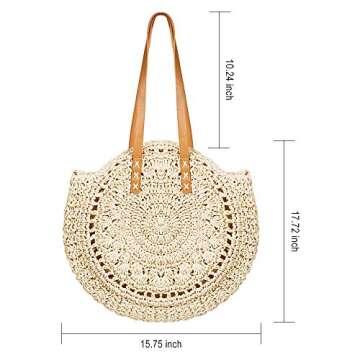 Round Straw Bag Large Woven Summer Beach Tote Handbags Handle Shoulder Bag for Women Vacation, Beige