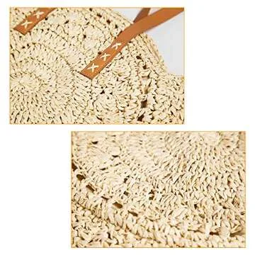 Round Straw Bag Large Woven Summer Beach Tote Handbags Handle Shoulder Bag for Women Vacation, Beige