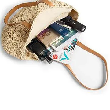 Round Straw Bag Large Woven Summer Beach Tote Handbags Handle Shoulder Bag for Women Vacation, Beige