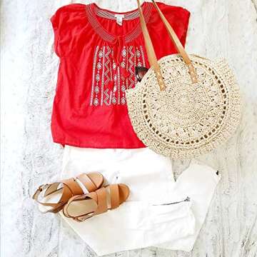 Round Straw Bag Large Woven Summer Beach Tote Handbags Handle Shoulder Bag for Women Vacation, Beige