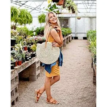 Round Straw Bag Large Woven Summer Beach Tote Handbags Handle Shoulder Bag for Women Vacation, Beige