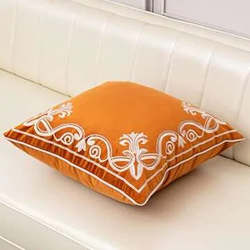Aeckself European Floral Pillow Cover 18x18 Inch, Luxury Velvet Embroidered Decorative Throw Pillow Cover for Couch Bedroom Living Room, Burnt Orange and White