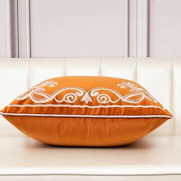 Aeckself European Floral Pillow Cover 18x18 Inch, Luxury Velvet Embroidered Decorative Throw Pillow Cover for Couch Bedroom Living Room, Burnt Orange and White