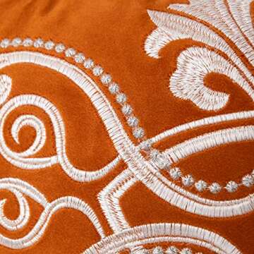 Aeckself European Floral Pillow Cover 18x18 Inch, Luxury Velvet Embroidered Decorative Throw Pillow Cover for Couch Bedroom Living Room, Burnt Orange and White