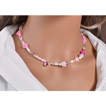 Beaded Necklace Virgo Necklace Virgo Zodiac Gifts for Women Bead Necklace Choker Y2K Trendy Pink Pearl Necklace Cute Gifts Beads Zodiac Sign Necklaces Jewelry Gift for Women