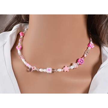 Beaded Necklace Virgo Necklace Virgo Zodiac Gifts for Women Bead Necklace Choker Y2K Trendy Pink Pearl Necklace Cute Gifts Beads Zodiac Sign Necklaces Jewelry Gift for Women