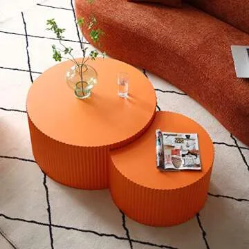 Kevinplus Round Nesting Side/End Table Set of 2 - Modern Drum Coffee Table for Living Room, Orange