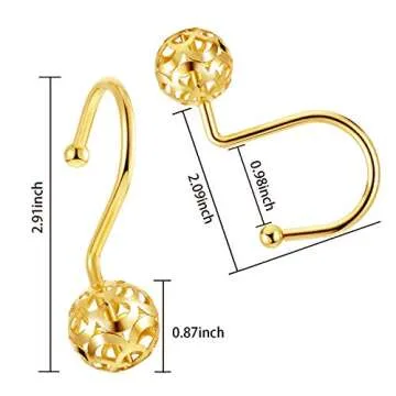Chictie Gold Shower Curtain Hooks Rings,Set of 12 Brass Decorative Bling Metal Rustproof Shower Hangers Rings for Bathroom Curtains Rods Hollow Ball Design