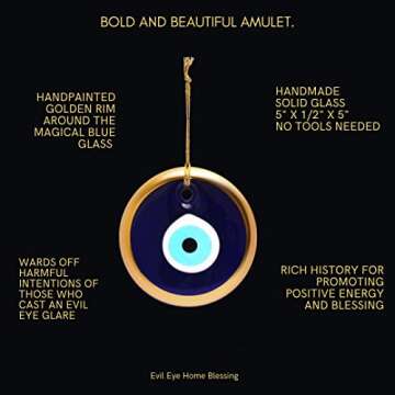 Glass Blue Evil Eye Turkish Nazar Wall Art Home Blessing Wall Decor Amulet, 5 Inches Gold Border