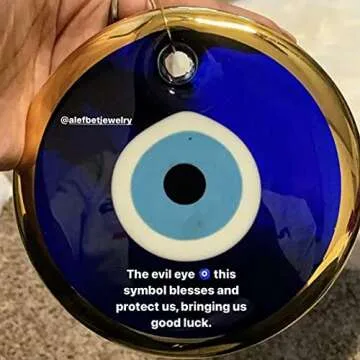 Glass Blue Evil Eye Turkish Nazar Wall Art Home Blessing Wall Decor Amulet, 5 Inches Gold Border