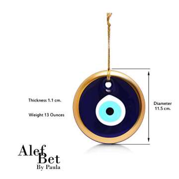 Glass Blue Evil Eye Turkish Nazar Wall Art Home Blessing Wall Decor Amulet, 5 Inches Gold Border