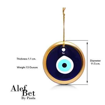 Glass Blue Evil Eye Turkish Nazar Wall Art Home Blessing Wall Decor Amulet, 5 Inches Gold Border
