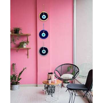 Glass Blue Evil Eye Turkish Nazar Wall Art Home Blessing Wall Decor Amulet, 5 Inches Gold Border