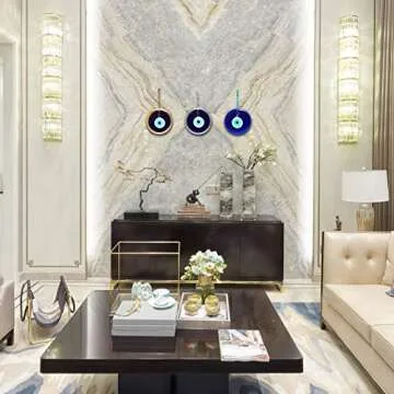 Glass Blue Evil Eye Turkish Nazar Wall Art Home Blessing Wall Decor Amulet, 5 Inches Gold Border