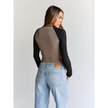 Trendy Queen Womens Long Sleeve Shirts 2024 Fall Fashion Outfits Clothes Slim Fitted Basic Tee Going Out Crop Brown Tops Cute Y2k Teen Girl Color Block T Tshirts