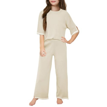 Haloumoning Girls Two Piece Outfits Kids Fashion Short Sleeve Sweater Tops and Wide Leg Pants Set 5-...