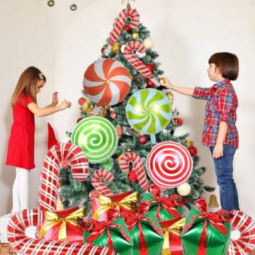 GELOUBO 24Pcs Christmas Party Decorations, Candy Cane Gift Box Mylar Foil Balloons for Christmas Elf New Year Party Supplies