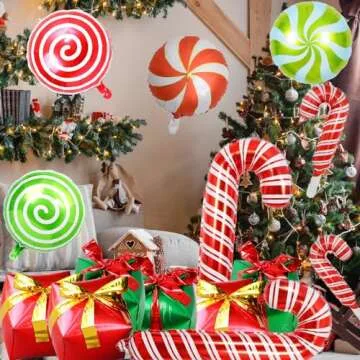 GELOUBO 24Pcs Christmas Party Decorations, Candy Cane Gift Box Mylar Foil Balloons for Christmas Elf New Year Party Supplies