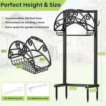 TomCare Garden Hose Holder Upgraded Water Hose Holder with Storage Basket Heavy Duty 4 Spikes Hose H...