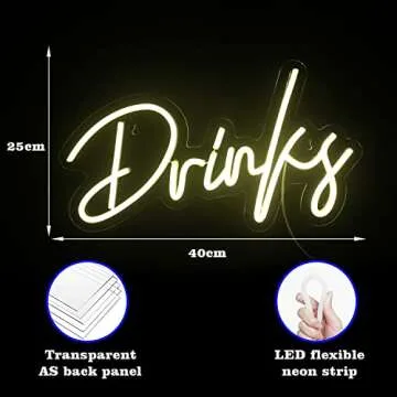 Looklight Drinks Neon Sign,Letters Bar Neon Light,Led Neon Bar Signs for Wall Decor,Warm White Neon Light Sign,USB Light Up Sign for Kitchen Restaurant Bar Cart Accessories Christmas