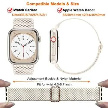 3 Pack Stretchy Solo Loop Band Compatible with Apple Watch Band 38mm 40mm 41mm for Women Men, Adjustable Sport Elastic Nylon Strap for iWatch Series Ultra/SE/8/7/6/5/4/3/2/1, Starlight/Brown/Black