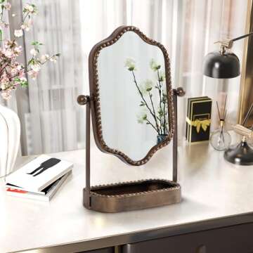 HuiDao Vintage Tabletop Makeup Mirror with Tray, Metal Antique Decorative Mirror with Stand, 360°Sw...