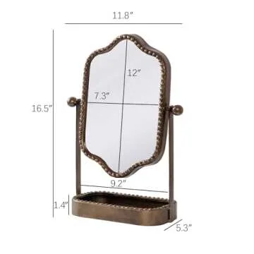 HuiDao Vintage Tabletop Makeup Mirror with Tray, Metal Antique Decorative Mirror with Stand, 360°Swivel Retro Desktop Dressing Mirror Countertop, Bedroom,Bathroom, Living Room