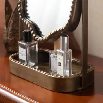 HuiDao Vintage Tabletop Makeup Mirror with Tray, Metal Antique Decorative Mirror with Stand, 360°Swivel Retro Desktop Dressing Mirror Countertop, Bedroom,Bathroom, Living Room