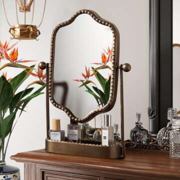 HuiDao Vintage Tabletop Makeup Mirror with Tray, Metal Antique Decorative Mirror with Stand, 360°Swivel Retro Desktop Dressing Mirror Countertop, Bedroom,Bathroom, Living Room