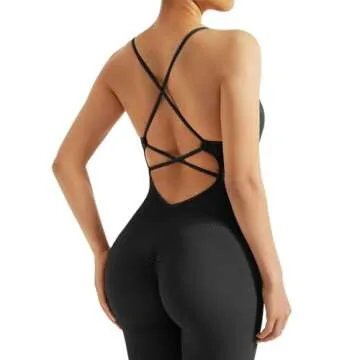 SUUKSESS Women Strappy Backless Workout Jumpsuit Sleeveless Spaghetti Strap Romper Seamless One Piece Bodycon (Black, S)