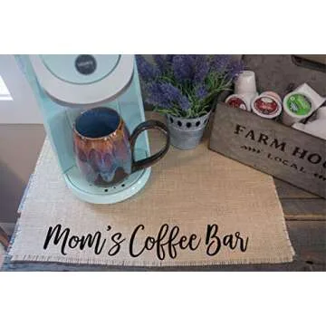 Coffee Maker Mat for your Coffee Machine, Burlap Coffee Bar Placemat, Coffee Station Accessories - Made in the USA (Mom's Coffee Bar)