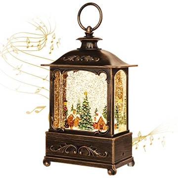 Christmas Lantern, Lit Christmas Snow Globe Lantern with USB+ Music Christmas Water Lantern Snow Glo...