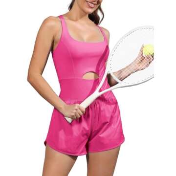 ReachMe Womens Running Onesie Workout Rompers Athletic Romper One Piece Outfits Exercise Jumpsuits Gym Yoga Clothes(Neon Pink,M)