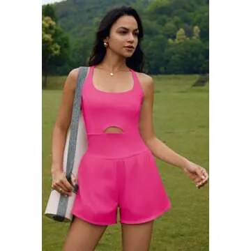 ReachMe Womens Running Onesie Workout Rompers Athletic Romper One Piece Outfits Exercise Jumpsuits Gym Yoga Clothes(Neon Pink,M)