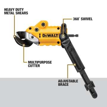 DEWALT Metal Shear/Cutter Drill Attachment, Impact Ready, 360 Degree Pivoting Head, Cuts 18GA Material (DWASHRIR)(Yellow, Black)