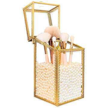 Vintage Gold Mirrored Makeup Brush Holder, Clear Glass Cosmetic Storage Box with White Pearls Dust Free Eyeliner Lipstick Pencils Display