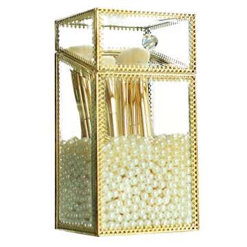 Vintage Gold Mirrored Makeup Brush Holder, Clear Glass Cosmetic Storage Box with White Pearls Dust Free Eyeliner Lipstick Pencils Display