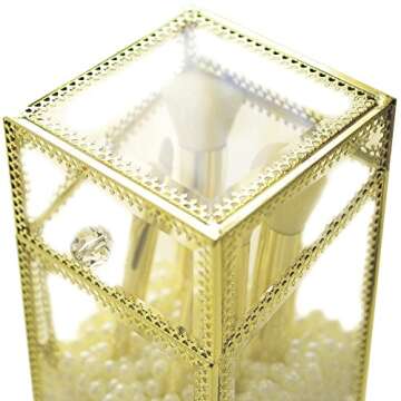 Vintage Gold Mirrored Makeup Brush Holder, Clear Glass Cosmetic Storage Box with White Pearls Dust Free Eyeliner Lipstick Pencils Display