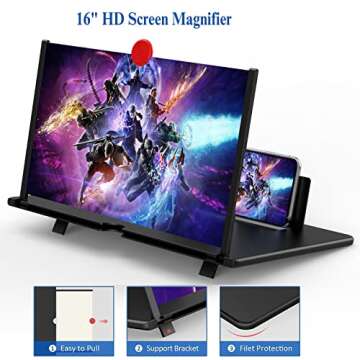 16" Screen Magnifier for Cell Phone - 3D Projector Screen Expander for Movies, Videos, and Gaming, F...